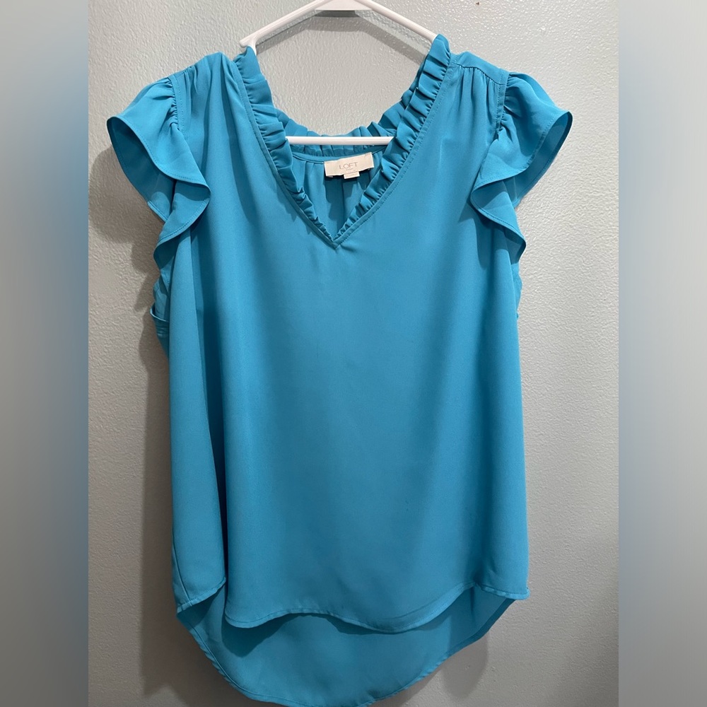 LOFT Outlet Light TEAL chiffon ruffle trimmed sleeved top size Medium